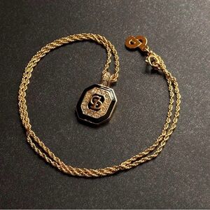 Vintage Christian Dior signed gold-plated enamel CD logo square shape necklace